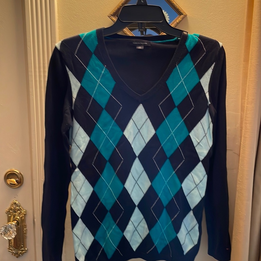 Tommy Hilfiger Blue Argyle V-Neck Sweater